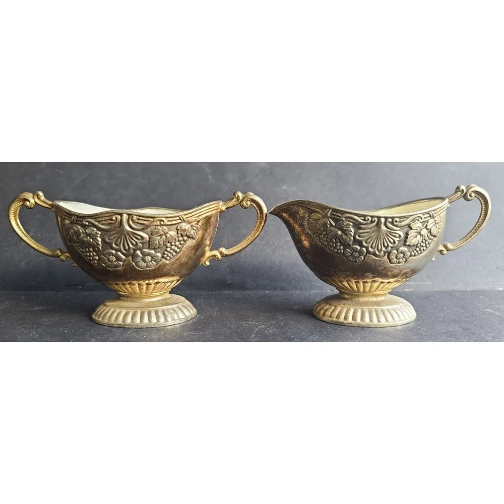 Vintage Silver Plated Creamer Sugar Tray Set Japan Grape Repousse Floral Motif